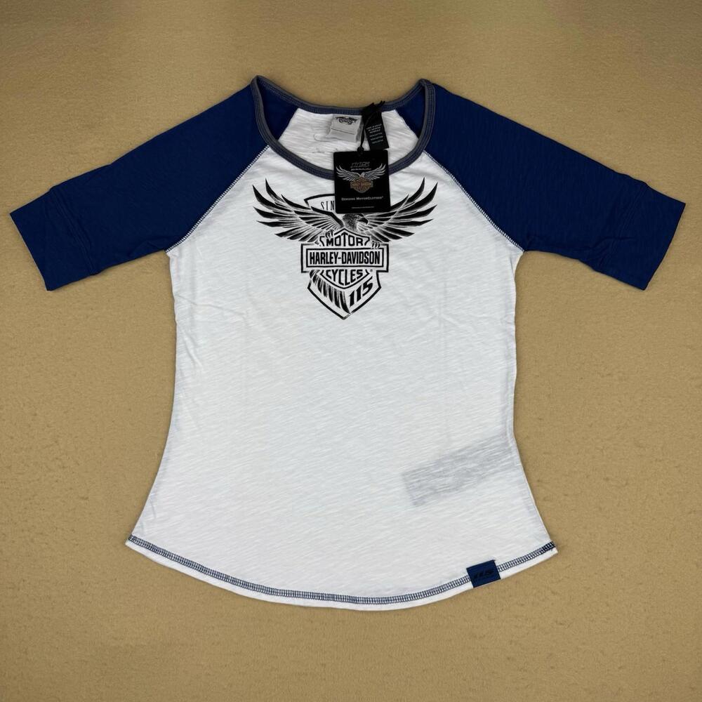 NWT Harley Davidson Shirt Womens SMALL White Blue Reglan Motorcycle 115 Years